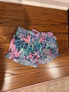 Lilly Pulitzer Pink Teal Floral Ruffle-Trim Pajama outfit (top and bottom)